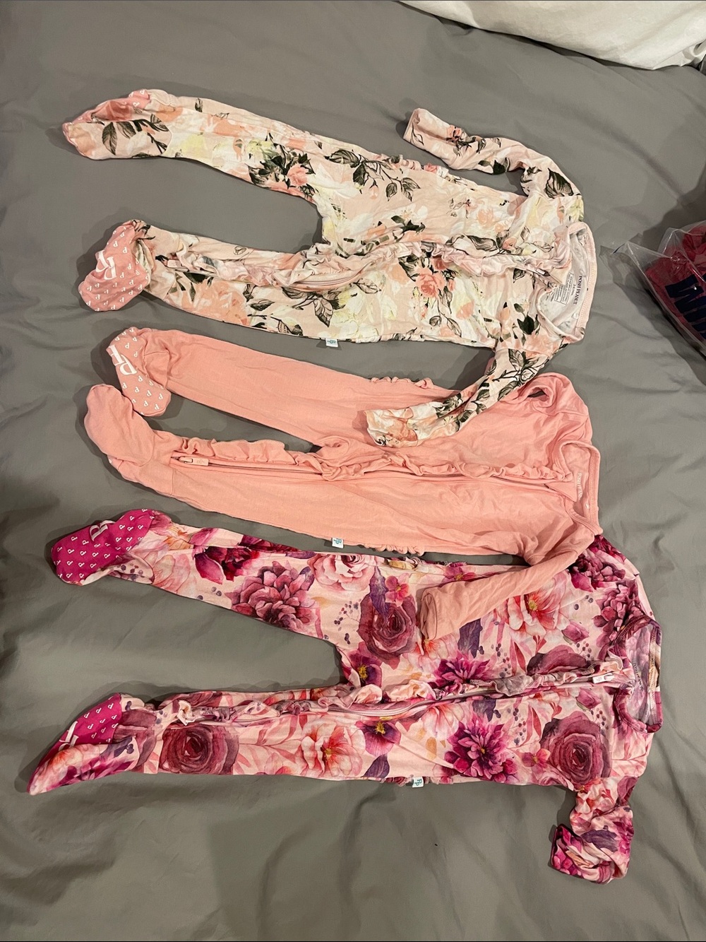 Posh peanut. 3 Girls' Pink Floral & Solid Footed Rompers. 2 3-6mth. 1 6-9mth